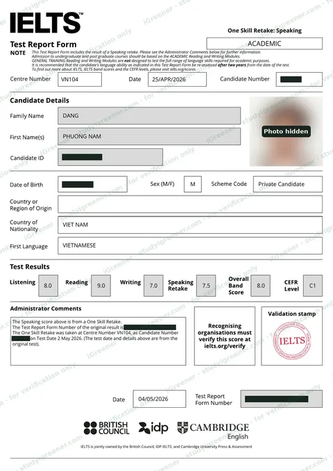 IELTS Test Report Form, personal details hidden