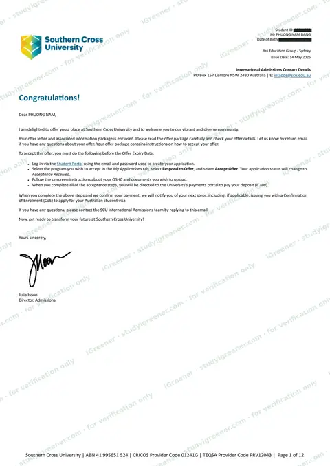 Southern Cross University offer letter, page 1, personal details hidden
