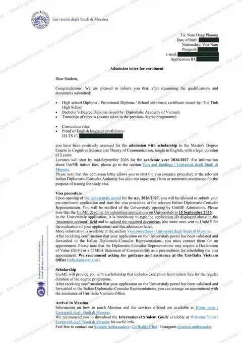 University of Messina admission and scholarship letter, personal details hidden