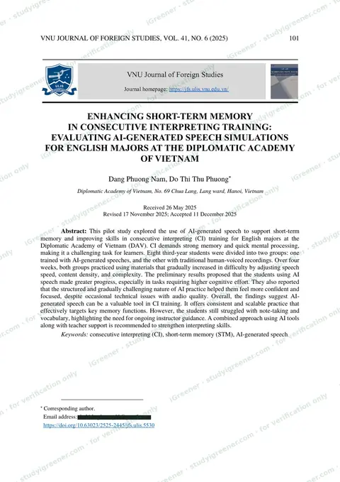 First page of the research article in the VNU Journal of Foreign Studies